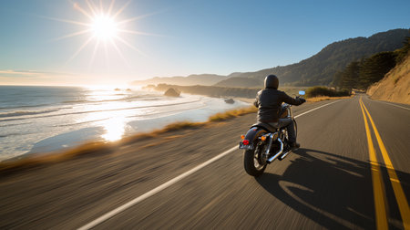 A motorcyclist navigates a winding road beside the ocean, enjoying a clear morning sky and wavesの素材