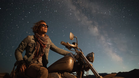 Individual relaxes on a motorcycle, gazing at a clear night sky filled with starsの素材