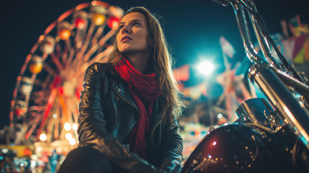A confident woman sits on a motorcycle, gazing at the colorful ferris wheel lighting up the nightの素材