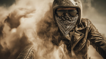 A biker navigates through a cloud of dust, showcasing a rugged style in the warm afternoon glowの素材