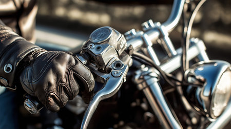 A motorcyclist dressed in leather grips the handlebar tightly while riding on a clear dayの素材