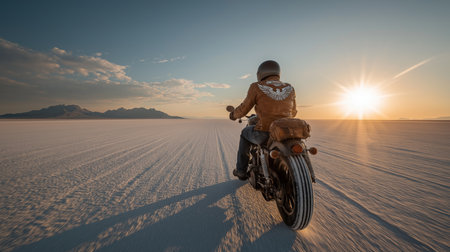 A rider on a motorcycle explores the salt flats during a breathtaking sunset over distant mountainsの素材