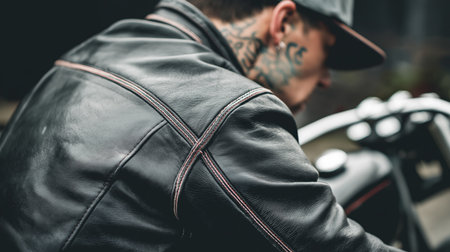 A man in a leather jacket and tattoos sits on a motorcycle in an urban sceneの素材