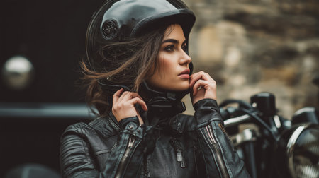 A woman adjusts her helmet in an urban environment, ready to ride her motorcycleの素材