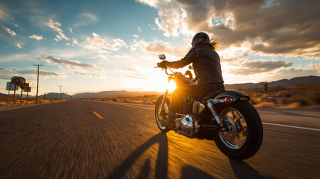 A motorcyclist enjoys a ride along an open highway as the sun sets behind majestic mountainsの素材