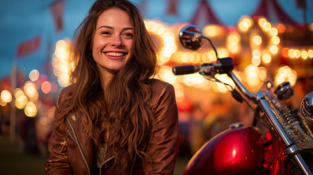 A young woman enjoys a carnival atmosphere next to her motorcycle, where lights twinkle at duskの素材