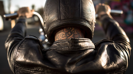 A rider in a leather jacket and helmet cruises on a motorcycle through a vibrant city landscapeの素材