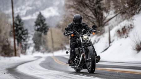 A motorcycle enthusiast navigates a winding snowy road, surrounded by winter sceneryの素材