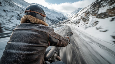 Rider navigates a snowy road surrounded by majestic mountains in winter chillの素材