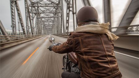 A person rides a motorcycle on a steel bridge, wearing a brown jacket and helmet, with a scarfの素材
