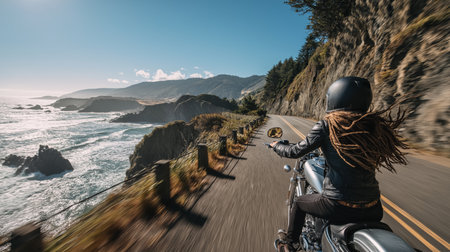 A person with long hair rides a motorcycle along a scenic coastal road under clear blue skiesの素材