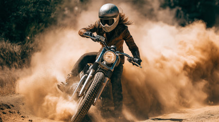 A rider navigates a dirt trail, creating a cloud of dust in a scenic outdoor settingの素材