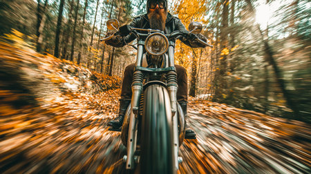 A motorcyclist revels in a thrilling ride through a winding forest of vibrant autumn leavesの素材