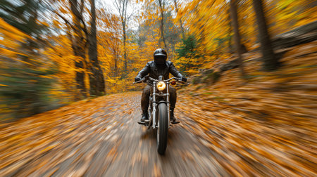 A rider swiftly navigates a winding forest trail covered in fallen autumn leavesの素材