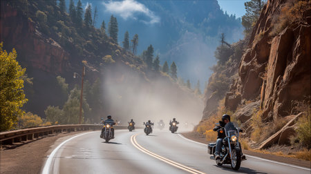 A group of motorcyclists cruises along a scenic mountainous road under a clear blue skyの素材