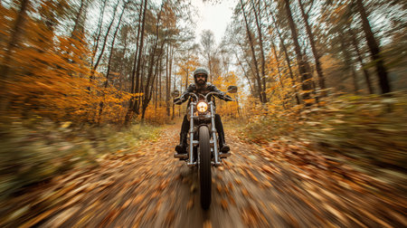 A rider navigates a motorcycle through a vibrant autumn forest filled with falling leavesの素材
