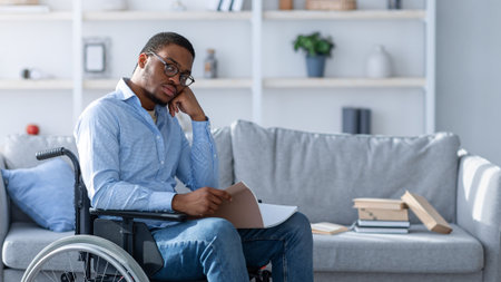 Black man in wheelchair reading notebook, studying or working from home