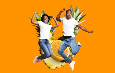 Joyful couple celebrating with fruits in vibrant colors
