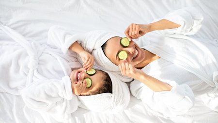 Top view of mother and daughter laying on bed
