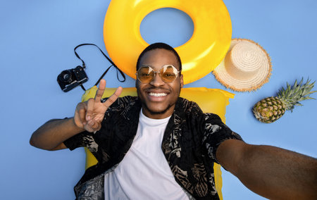 Summertime selfie. Black guy in casual wear making photo of himself while lying on inflatable lilo, blue backgroundの写真素材
