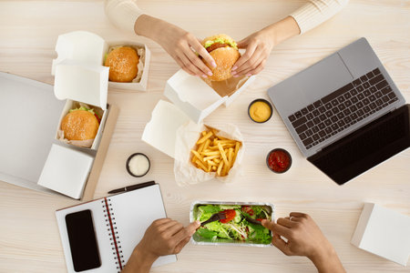 Lunch at home on self-isolation and stay home, fast food deliverの写真素材