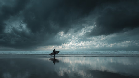 A surfer approaches the waters edge as dark clouds gather at dusk, creating a dramatic atmosphereの素材