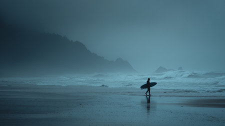 A lone surfer strolls on a quiet beach as dawn breaks, with waves crashing on the shoreの素材