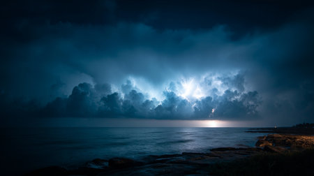 A fierce thunderstorm lights up the ocean night sky with stunning lightning and cloudsの素材