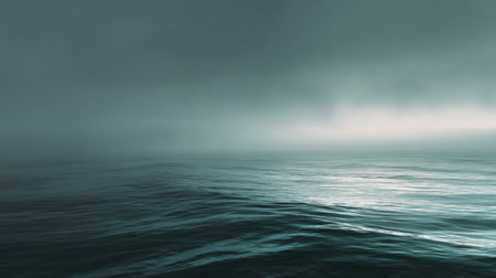 Fog blankets the ocean at dawn, creating a tranquil and mysterious atmosphere above the waterの素材