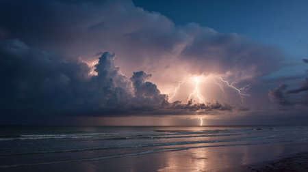 Lightning strikes illuminate the calm ocean at night, creating a stunning spectacleの素材