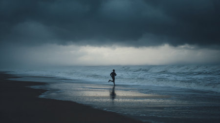 A person runs along the shore as storm clouds gather, creating a dramatic atmosphere at sunsetの素材