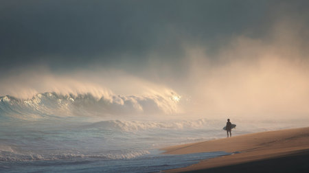 A lone surfer walks along the sandy beach, observing powerful waves rolling in during sunriseの素材