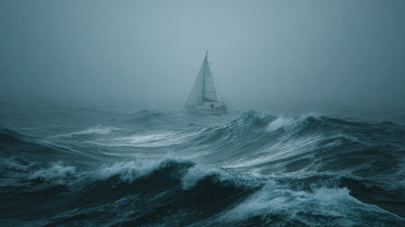 A lone sailboat navigates through rough seas shrouded in fog during early morningの素材