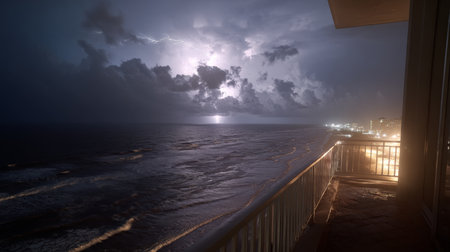 A nighttime storm brews over the ocean, with lightning and city lights twinkling belowの素材
