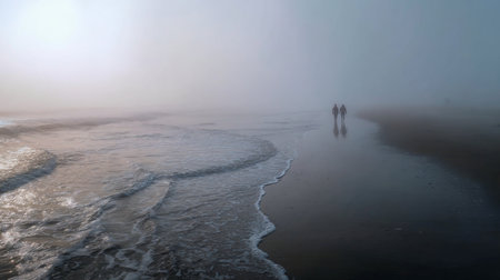 Two figures stroll together on a misty beach as soft waves gently touch the shore at dawnの素材
