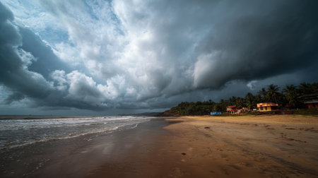 Dark clouds loom over the sandy shore as waves gently lap against the beach in Indiaの素材