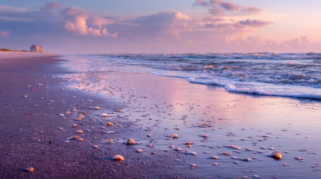 Calm waves lap against the shore, revealing scattered seashells as the sun sets in the evening skyの素材