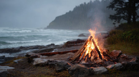 Flames flicker warmly against the backdrop of waves crashing on rocky shoresの素材