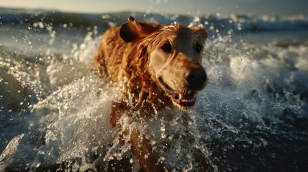 A playful golden retriever runs through ocean waves, enjoying the warm sunset glow at the beachの素材
