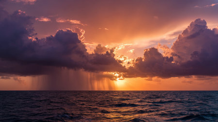 Sunlight pierces through dramatic clouds as rain approaches, casting vivid colors over the oceanの素材