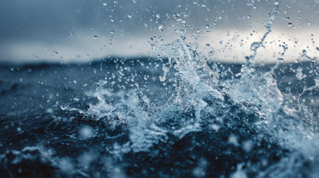 Raindrops fall onto the ocean, creating splashes against a backdrop of dark cloudsの素材