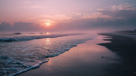 Gentle waves lap at the shore as a vibrant sunset casts colors across the waterの素材