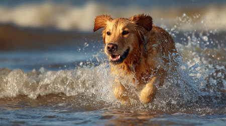 A golden retriever runs excitedly in the ocean, splashing water as the sun sets behindの素材