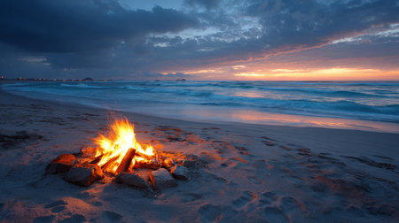 A warm campfire glows on the sand as the sun sets over the ocean, creating a tranquil atmosphereの素材