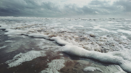 Waves roll over sand, creating foam as clouds gather above, hinting at an impending stormの素材