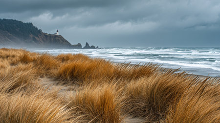 Waves crash onto the shore while tall grass sways in the wind, illuminated by sunset huesの素材