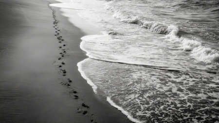 Footprints lead from the shore into the sea, slowly being erased by incoming waves at duskの素材