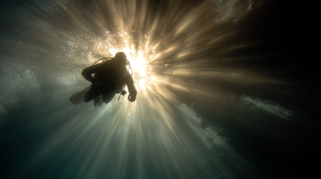 A diver swims through bright rays of sunlight illuminating the ocean below the surfaceの素材