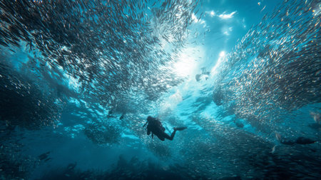 Diver glides gracefully through a swirling mass of fish in clear blue water, showcasing marine lifeの素材