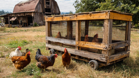 Chickens roam freely outdoors near a mobile coop on a bright day in rural farmlandの素材